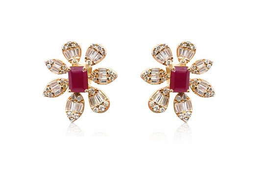 Ruby and Diamond Flower Earrings